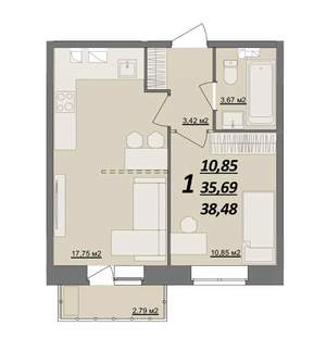 1-к квартира, сданный дом, 38м2, 4/10 этаж