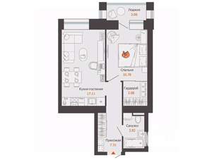 1-к квартира, строящийся дом, 44м2, 4/6 этаж