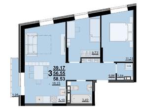 3-к квартира, строящийся дом, 57м2, 6/9 этаж