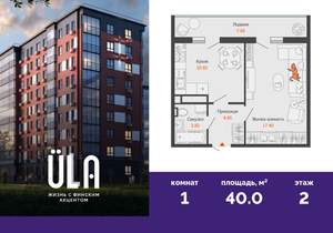 1-к квартира, вторичка, 40м2, 2/9 этаж