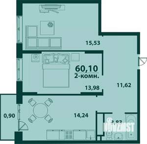 2-к квартира, строящийся дом, 60м2, 24/24 этаж