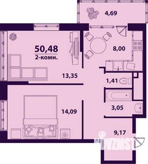 2-к квартира, строящийся дом, 50м2, 14/24 этаж