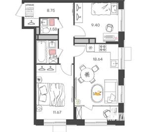 3-к квартира, вторичка, 53м2, 13/24 этаж