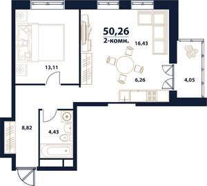 2-к квартира, строящийся дом, 50м2, 16/16 этаж