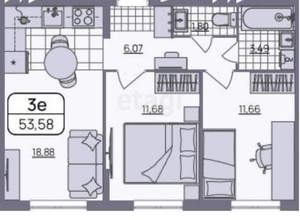2-к квартира, вторичка, 54м2, 3/13 этаж